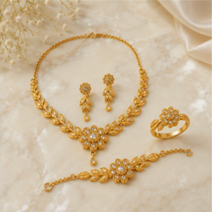 Royal Floral Gold Jewellery Set – Necklace, Earrings, Ring & Bracelet